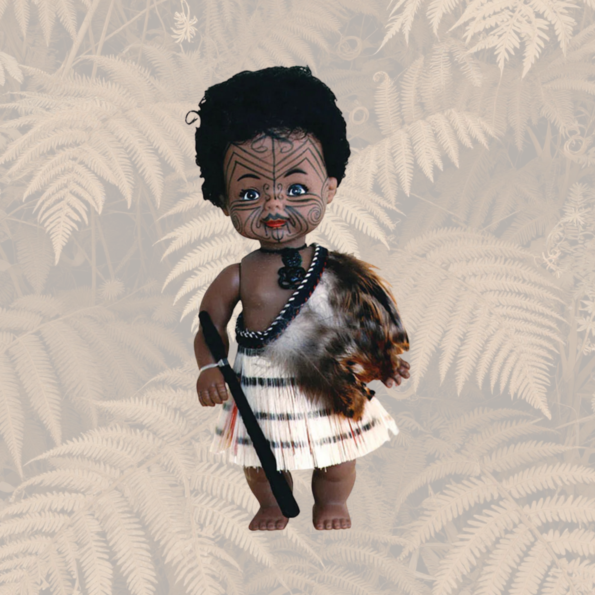 Māori Doll - 20cm Warrior Full Feather Cloak with Taiaha