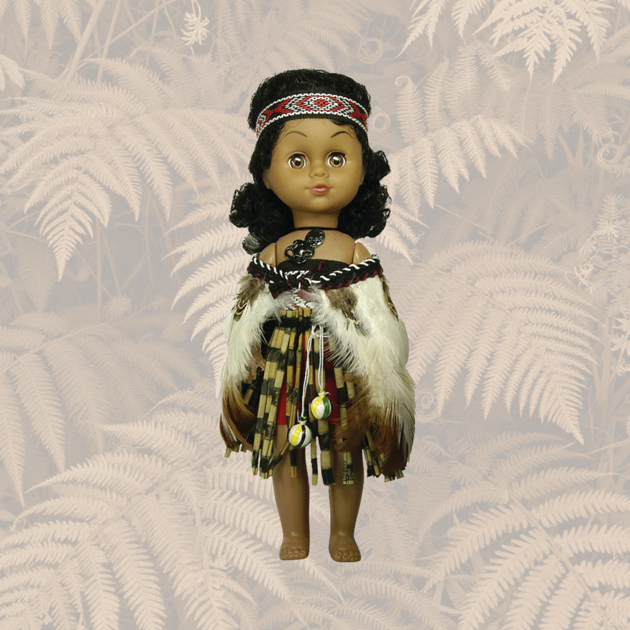 Māori Doll - 27cm Wahine Full Feather Cloak Piupiu Skirt with Poi
